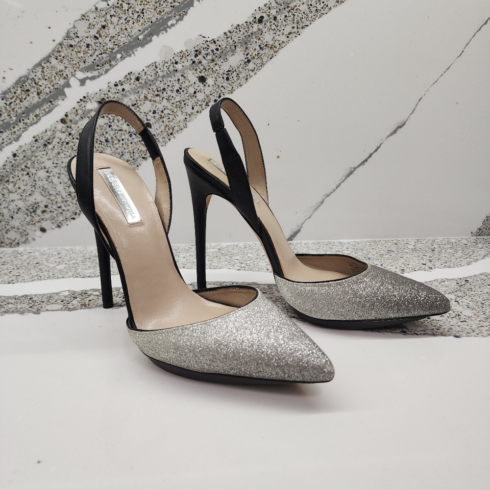 BCBGMaxAzria Silver Glitter and Black Slingback Koda Sparkly Heels